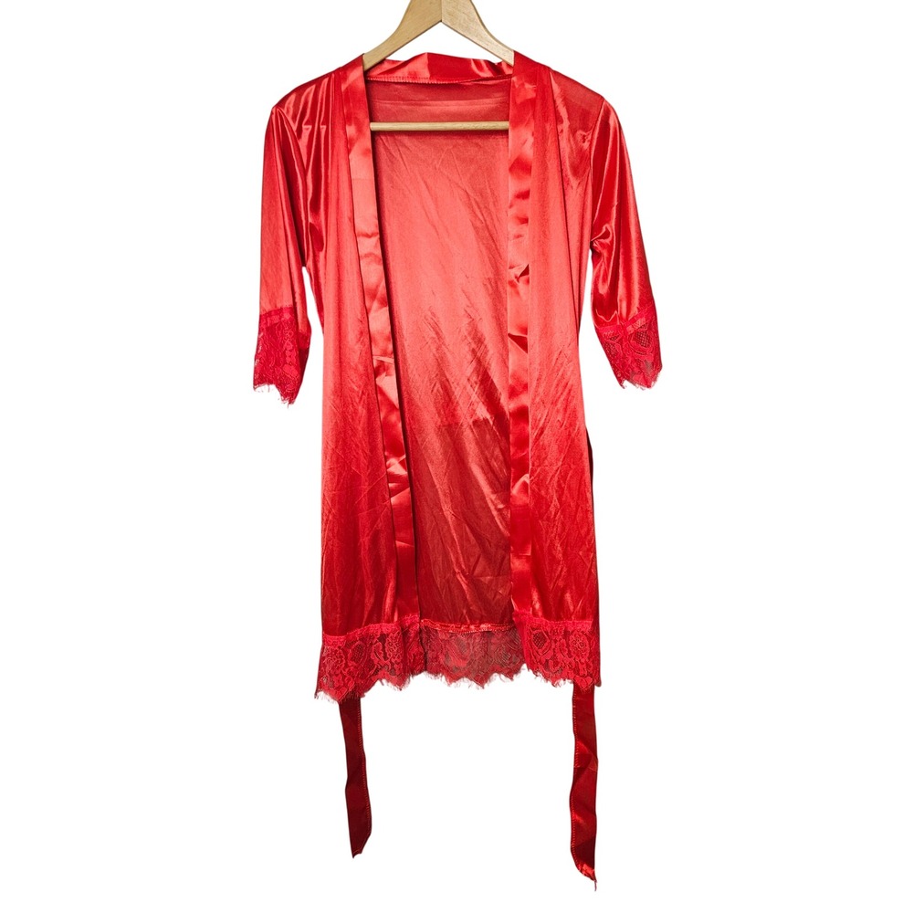 Red Satin Lace Trim Kimono Robe Short Belted 3/4 Sleeve Lingerie Sleepwear